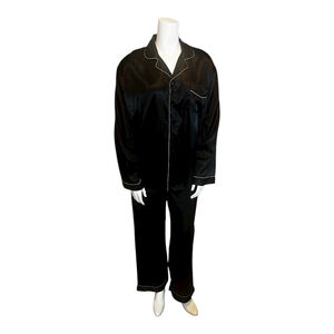 Alexander Del Rossa Black Satin Pajama Set with Gold Piping, L